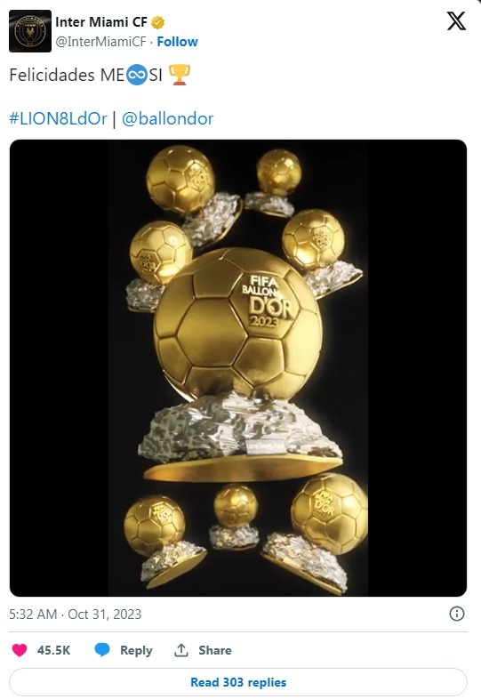 迈阿密官推发视频庆祝梅西获金球奖，但奖杯晒错了