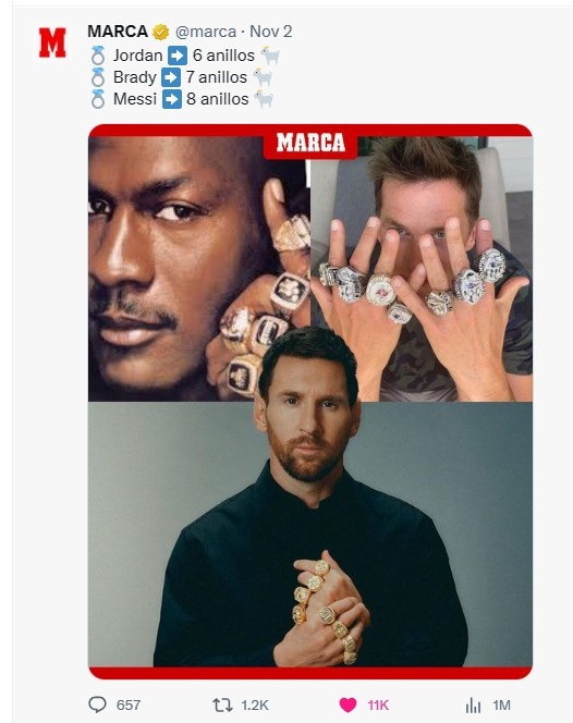 马卡报晒乔丹、布雷迪、梅西展示戒指的照片：三位GOAT?