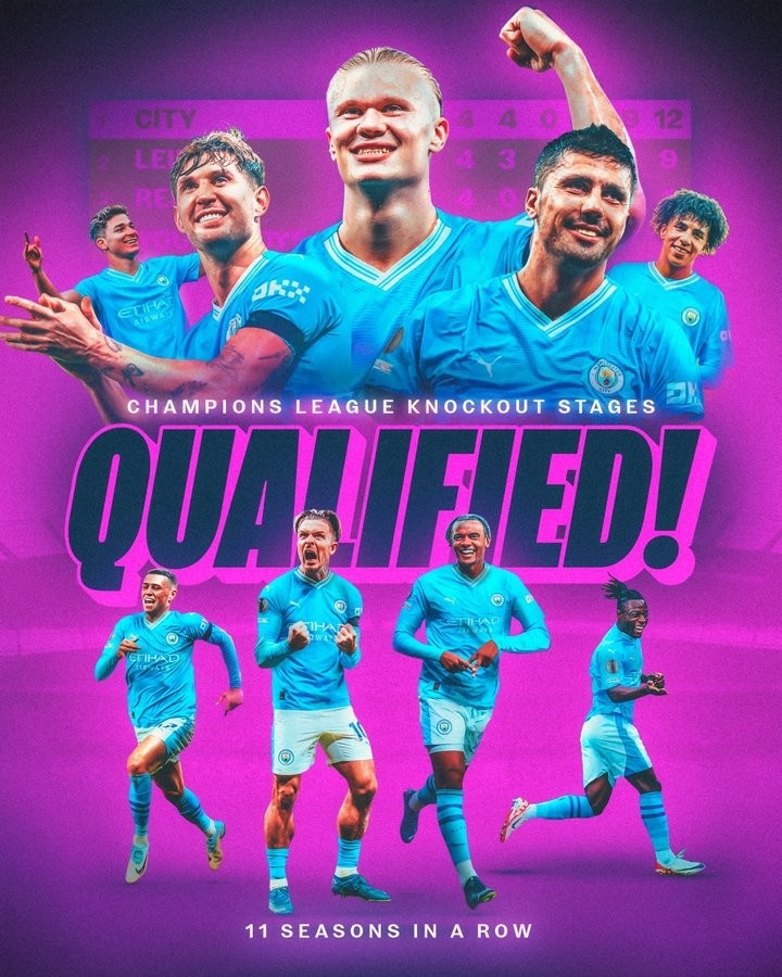 连续11个赛季晋级欧冠淘汰赛，曼城官推发布海报庆祝