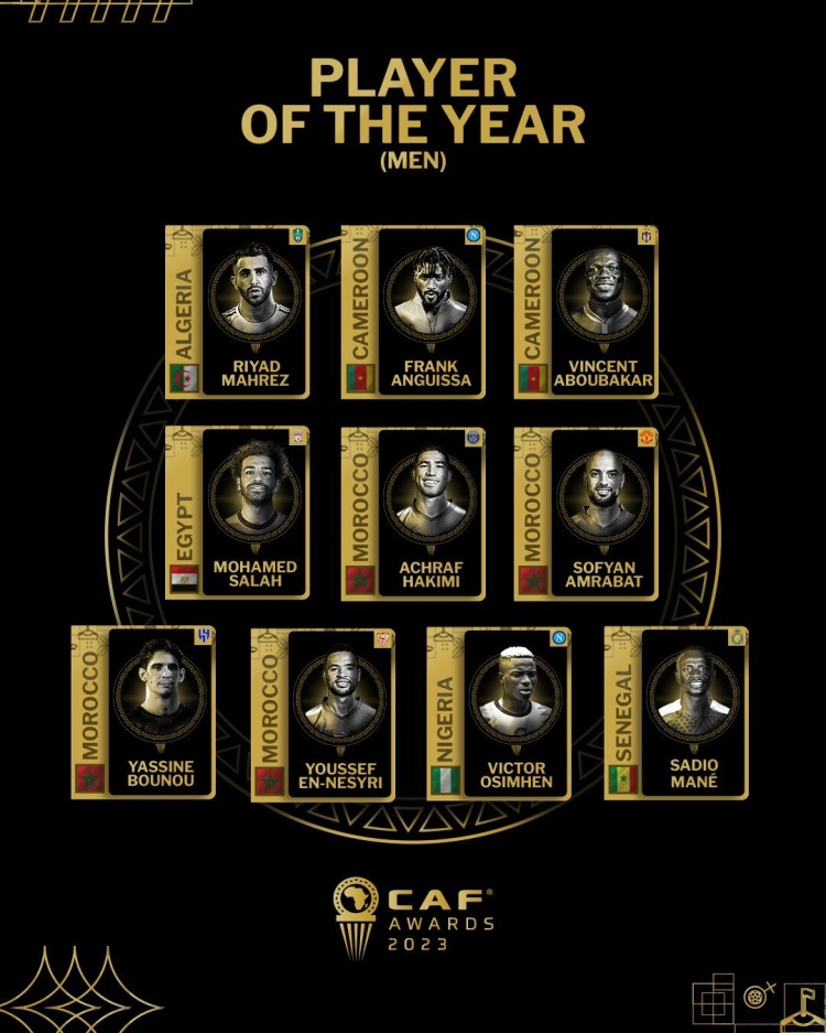 非洲年度最佳候选：萨拉赫领衔，奥斯梅恩、阿什拉夫、马内在列