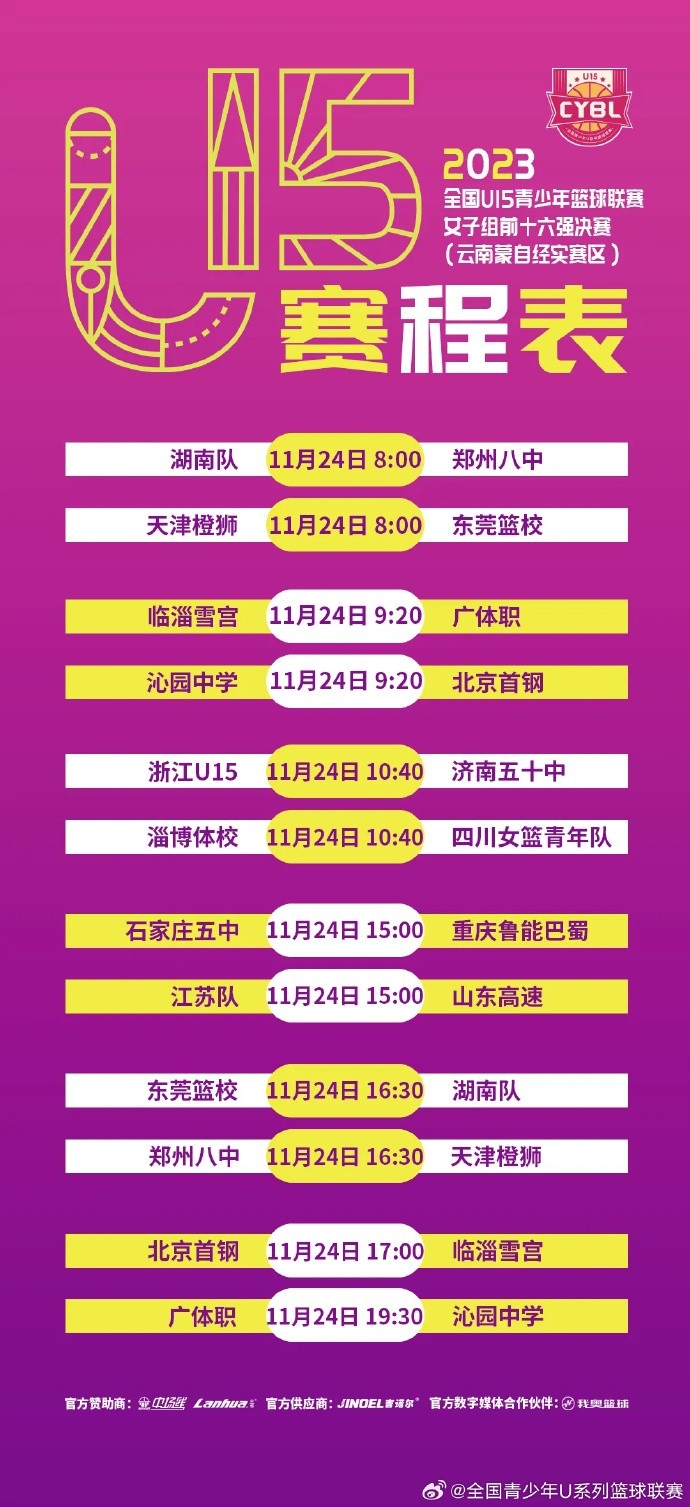全国篮球u15女子组十六强战赛程：11月23-29日在云南蒙自举行