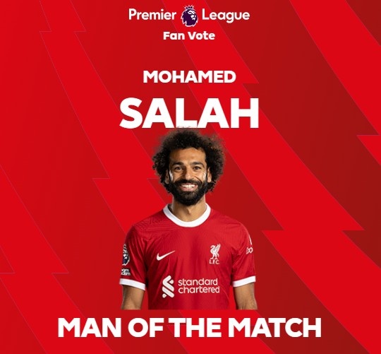 英超官方：萨拉赫当选曼城1-1利物浦全场最佳球员