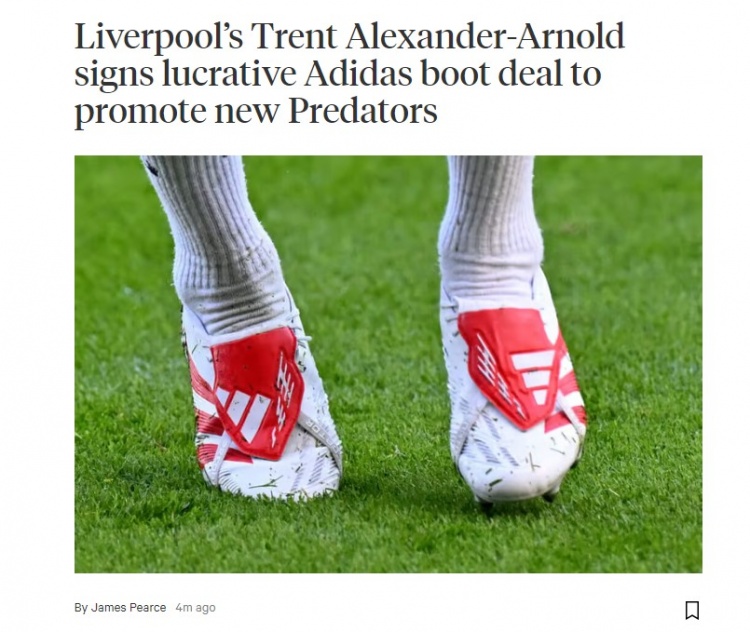TA：阿诺德与阿迪达斯签下一份优厚球鞋合同，以推广新品猎鹰球鞋