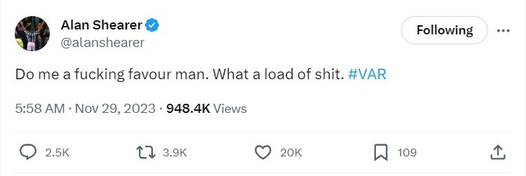 纽卡遭点射绝平,希勒爆粗怒喷VAR:TMD这简直是一坨屎