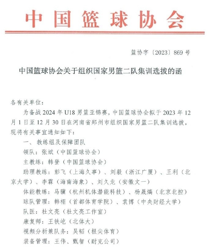 中国男篮二队集训名单：主教练韩登 球员杨溢、冯傲、沈无敌在列