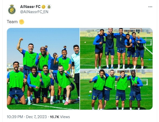 备战下一轮沙特联，C罗和利雅得胜利队友一同参加了球队训练