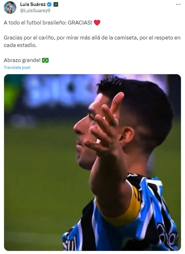 苏牙更新社媒：致谢巴西足球，感谢每个球场展现出的尊重
