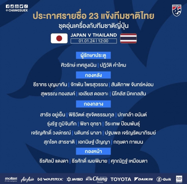 泰国公布1月1日对阵日本23人名单：当达、素巴楚、提拉通入围