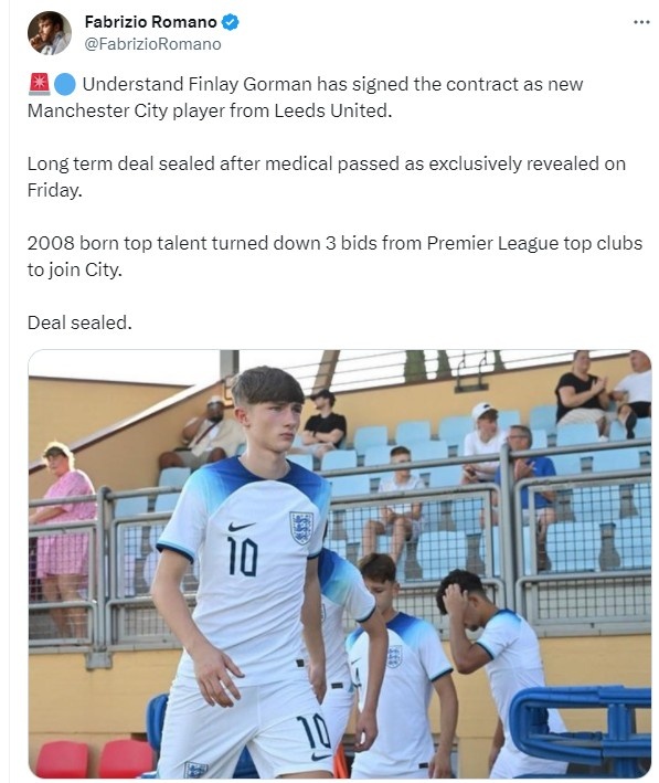 罗马诺：曼城正式签下15岁小将戈尔曼，后者曾拒绝3支英超球队