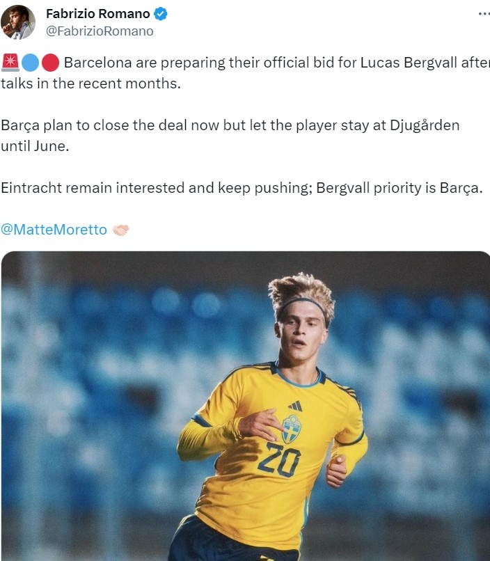 罗马诺：巴萨准备正式报价瑞典年轻后卫贝格瓦尔