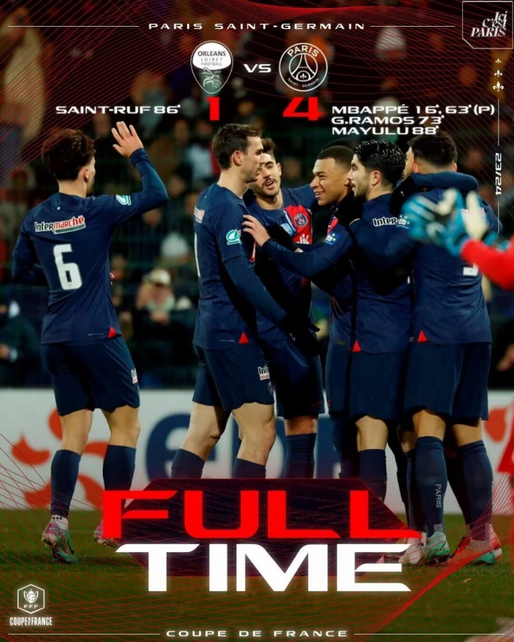 法国杯-姆巴佩2射2传&近6场10球4助 巴黎4-1奥尔良晋级16强