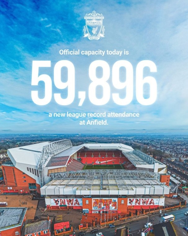 59896人，安菲尔德球场创造联赛上座人数纪录