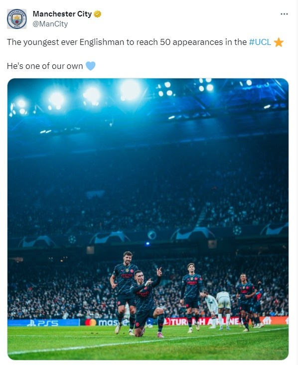 曼城官推称赞福登：达成欧冠50场成就最年轻的英国球员