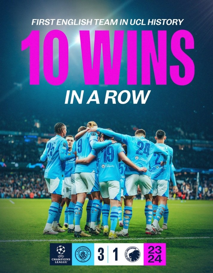 再创纪录！曼城官方晒海报：成为首支欧冠10连胜的英格兰球队