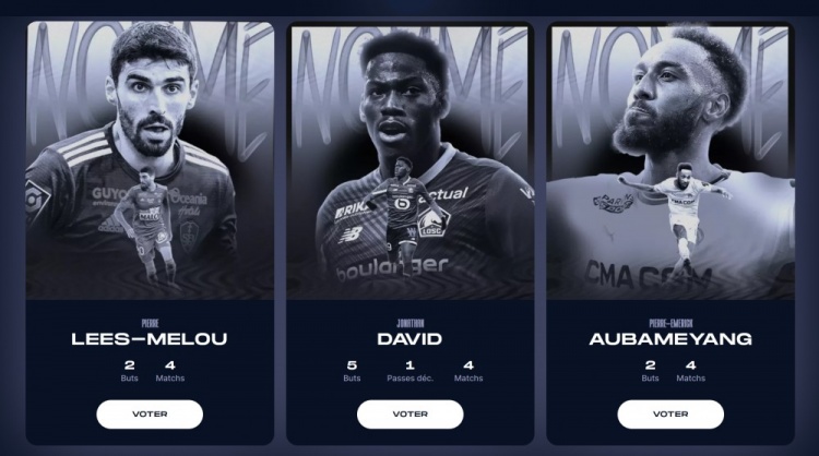 法甲2月最佳球员3人候选：奥巴梅扬、乔纳森-戴维、里斯-梅洛