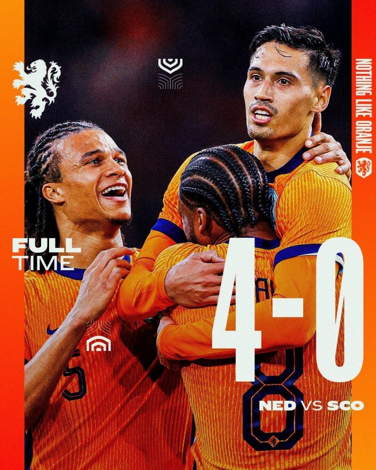 友谊赛-荷兰4-0大胜苏格兰 赖因德斯传射+世界波加克波助攻双响