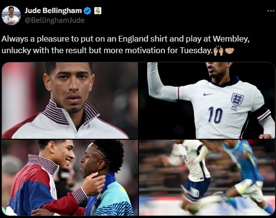 贝林厄姆社媒发文：为英格兰踢球是种享受，失利让我们更有动力