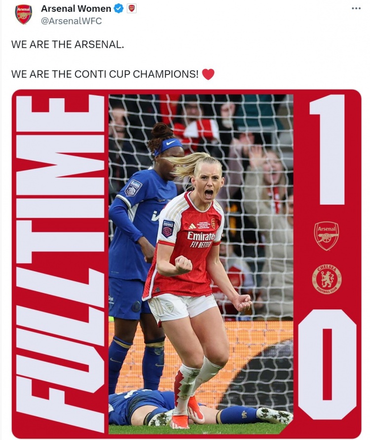 阿森纳女足1-0切尔西女足，夺得本赛季女足联赛杯冠军