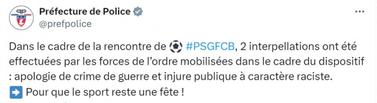 法国警察总部逮捕2名巴萨球迷 涉嫌在客队看台猴叫&违禁手势