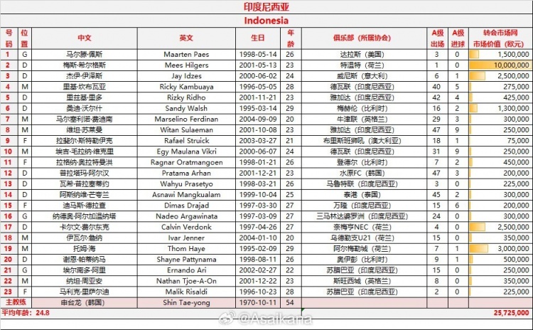 印尼队总身价2572万欧为国足2.6倍 平均年龄24.8岁比国足年轻4岁