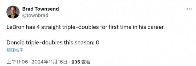 🤔侠记：詹姆斯连续4场砍下三双 而东契奇本赛季0次