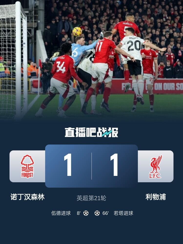 6分领跑！利物浦1-1森林联赛两连平 若塔替补救主森林6连胜终结