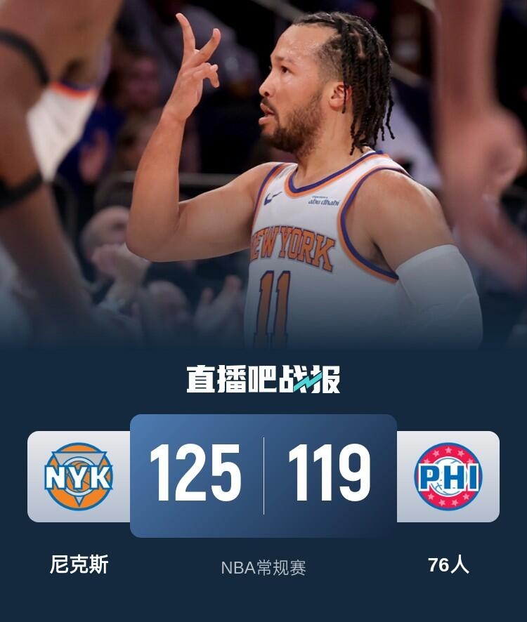 🏀布伦森38+5 乔治26+6 马克西23+6+6 尼克斯加时胜76人