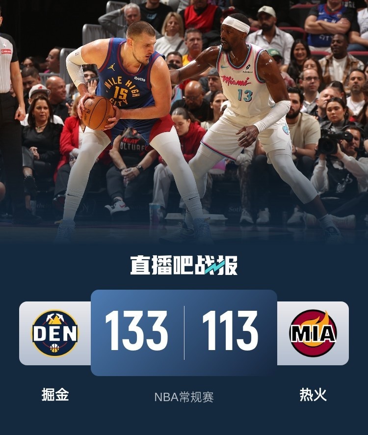 🏀约基奇三节24+12+10 巴特勒解禁砍18分 掘金打热火十连胜！