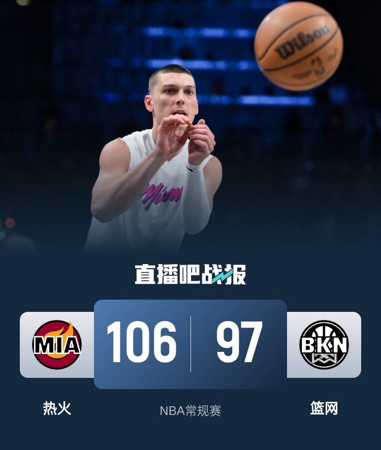 🏀希罗25+8 阿德巴约17+16 拉塞尔22+6 热火送篮网6连败