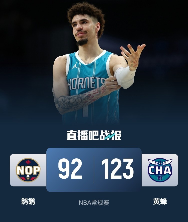 🏀鲍尔25+7 布里奇斯22+6 锡安28+11 黄蜂轻取鹈鹕