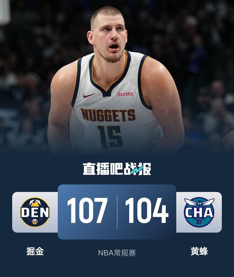 🏀约基奇28+13+17 布劳恩24+11 小桥24+12 掘金拒绝黄蜂逆转