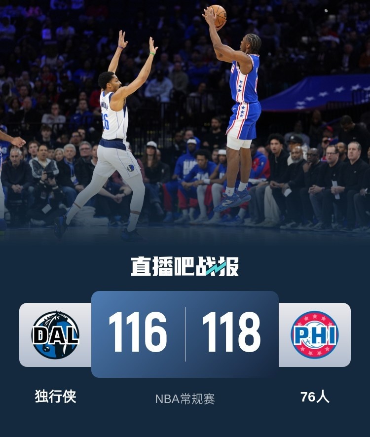 🏀大帝马克西合砍62分 欧文34+9 克里斯蒂15+8 76人险胜独行侠