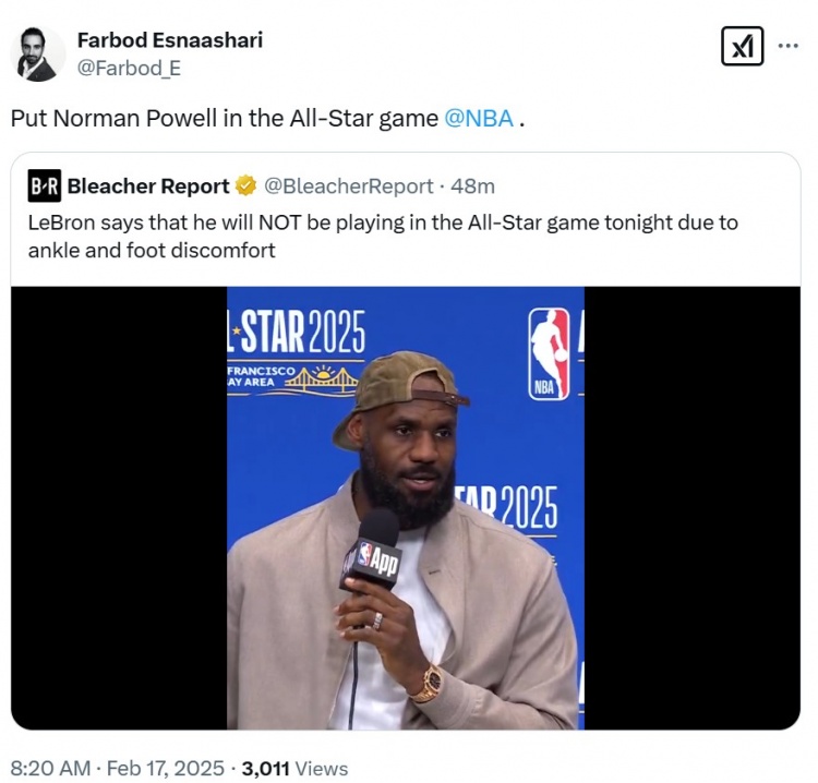 詹姆斯临时缺阵！船记直接喊话NBA官方：让鲍威尔进全明星吧