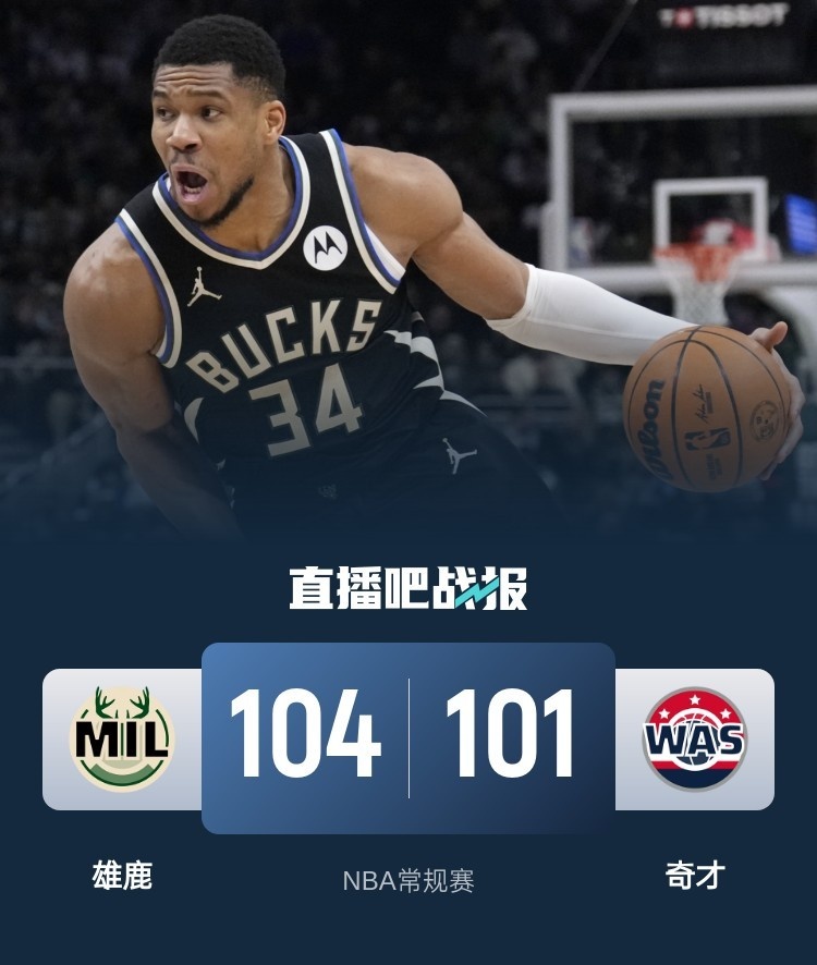 🏀字母哥18+7失误&6犯 库兹马19+8 普尔11中3 雄鹿险胜奇才