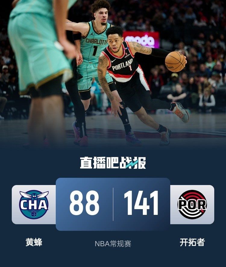 🏀西蒙斯25分 鲍尔10中1 开拓者53分血洗黄蜂结束4连败