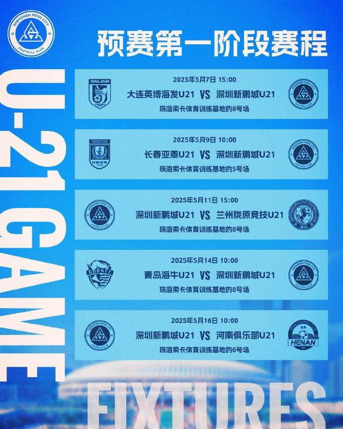 深圳新鹏城U21队中国足球青少年精英联赛(U21组)预赛第一阶段赛程