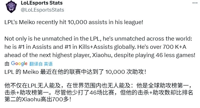 LOL官方：Meiko是LOL历史击杀+助攻总数榜第一，xiaohu第二