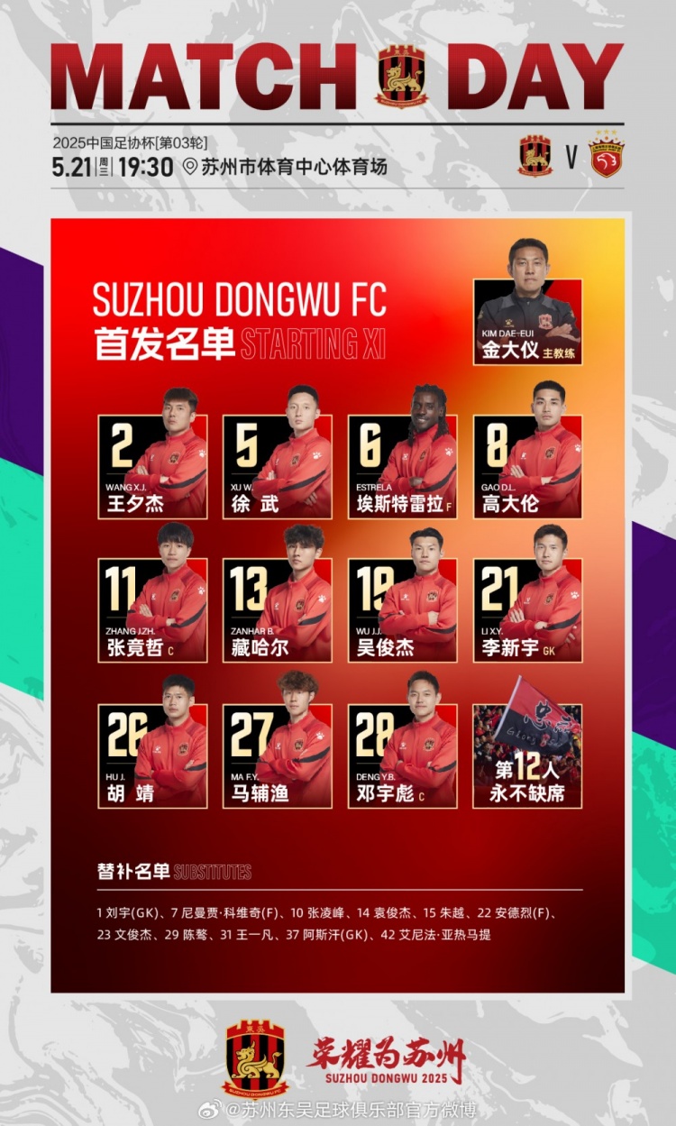 足协杯第3轮 苏州东吴 vs 上海海港 首发名单 ​​​