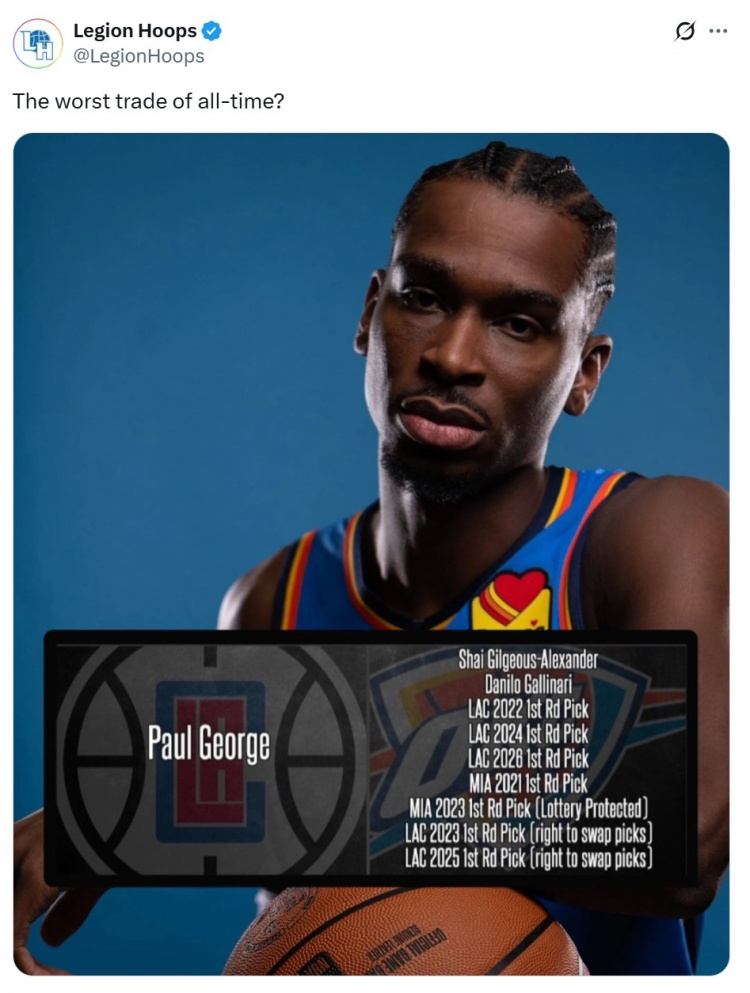 SGA夺MVP！美媒：当年快船用9换1得乔治是有史以来最糟糕交易吗？