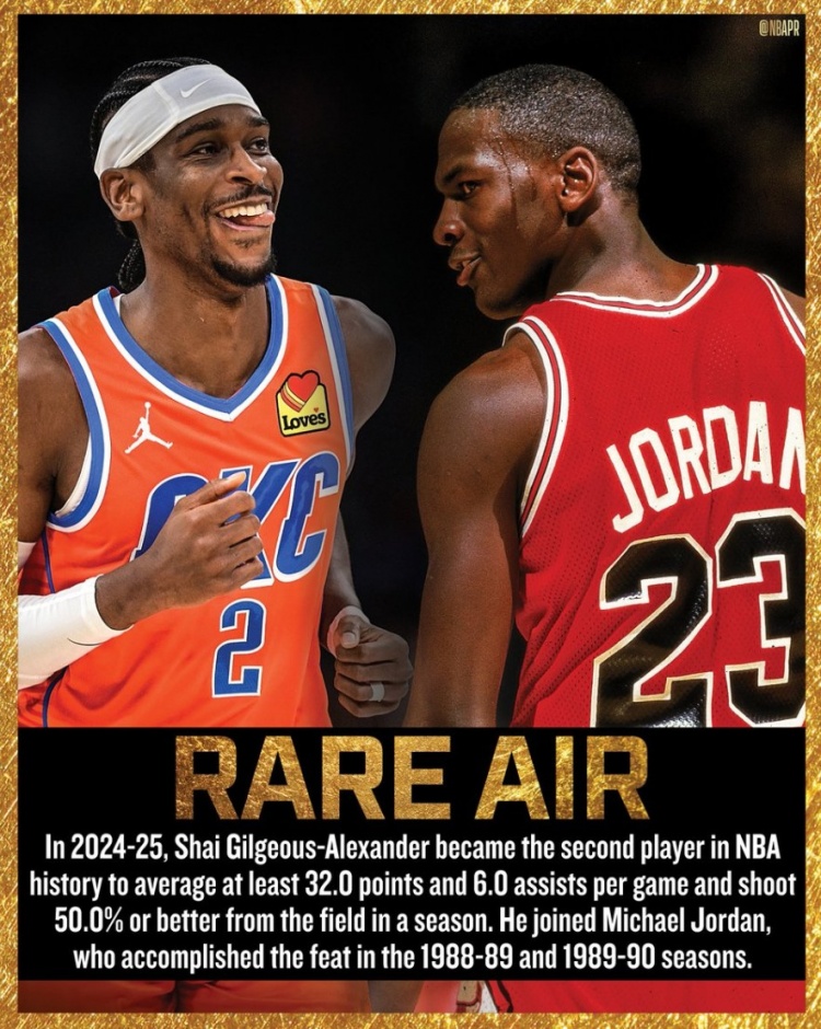 亚历山大以50%+命中率场均得至少32分6助 NBA历史第二人&比肩乔丹