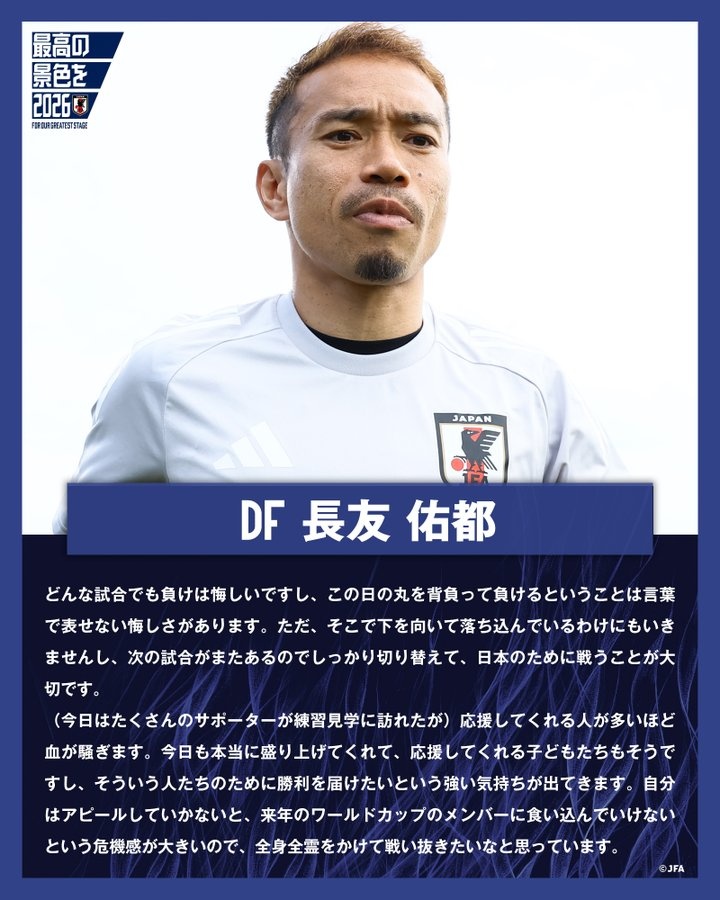 长友佑都：无论什么比赛输球就是让人不甘 对参加世界杯有危机感