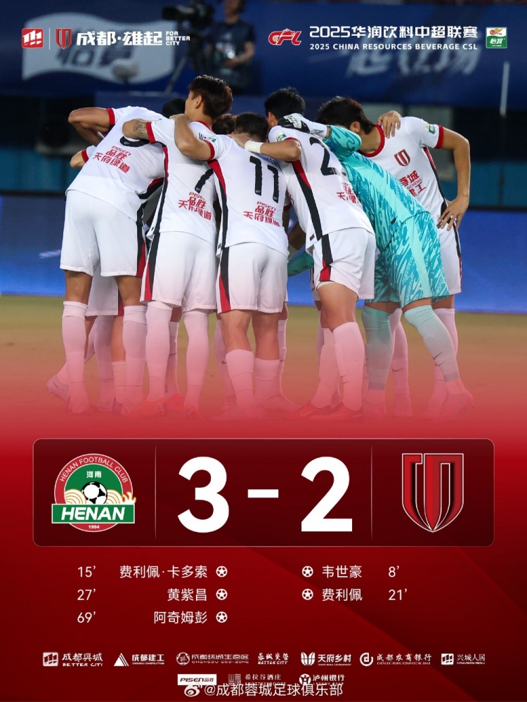 韦世豪单刀破门+助攻费利佩 成都蓉城2-3负于河南俱乐部酒祖杜康