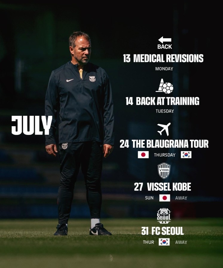 巴萨官宣7月日程：13日归队&24日开启东亚行，先后对阵神户&首尔