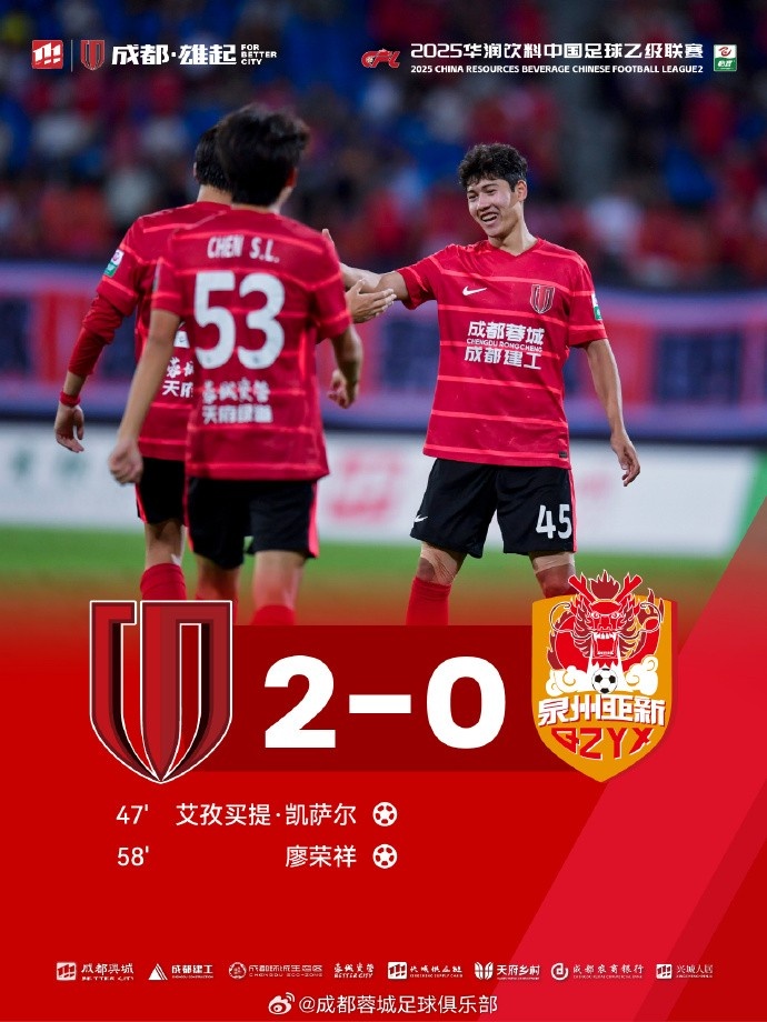 2025中乙联赛第18轮，成都蓉城B队2-0击败泉州亚新