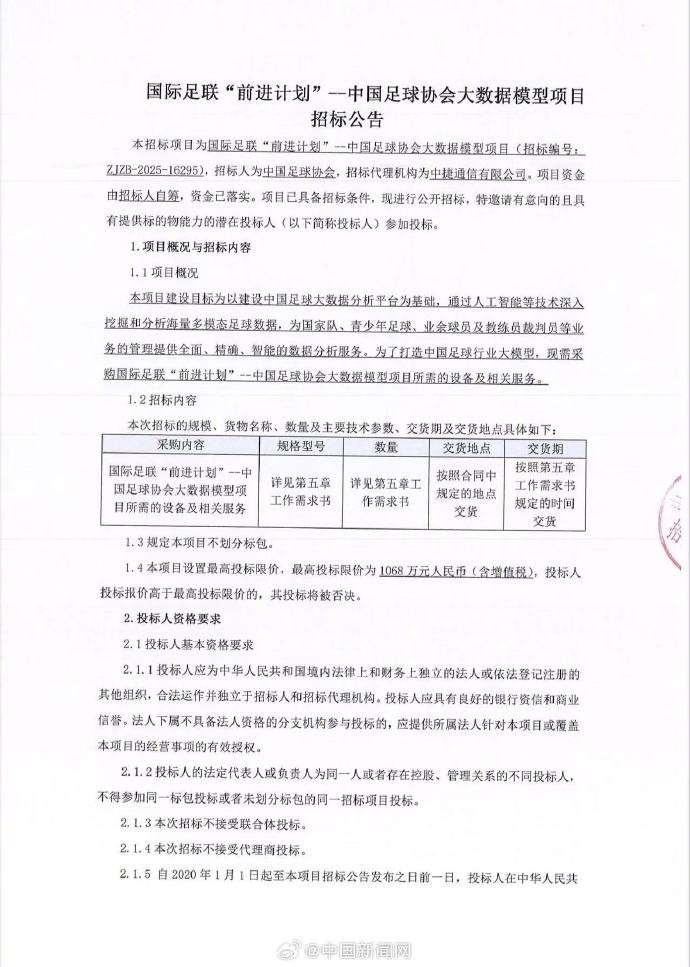 足协招标打造中国足球行业大模型，为国字号及青训等提供数据服务