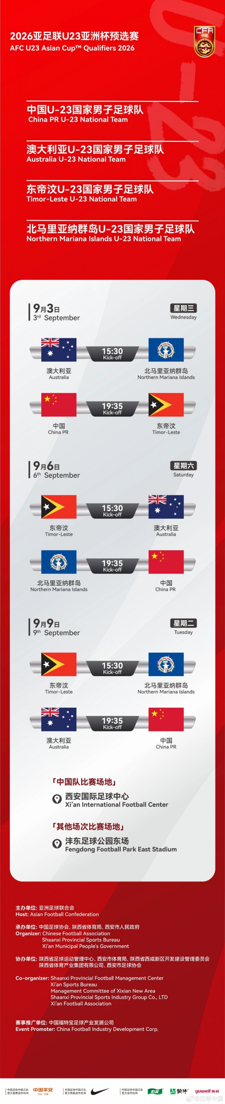 【体育头条】U23亚预赛9月3日至9日在西安进行，中国、澳洲、东帝汶等同组(图2)