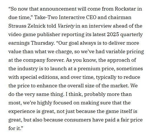 TakeTwo CEO谈GTA6定价:浮动 目标是提供高于收费价值的游戏体验