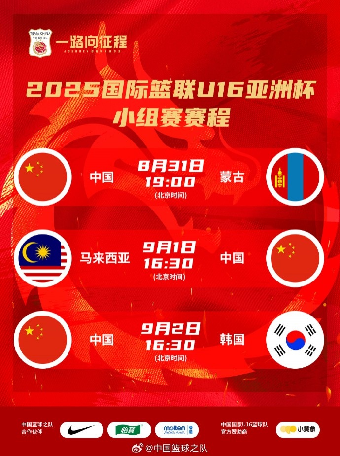 【有趣体育】中国U16男篮亚洲杯赛程：今晚vs蒙古 明日vs马来西亚 后天vs韩国(图1)