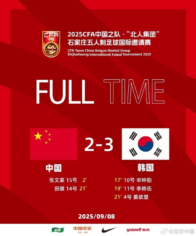 中国之队·石家庄五人制足球国际邀请赛，中国队2比3负于韩国队