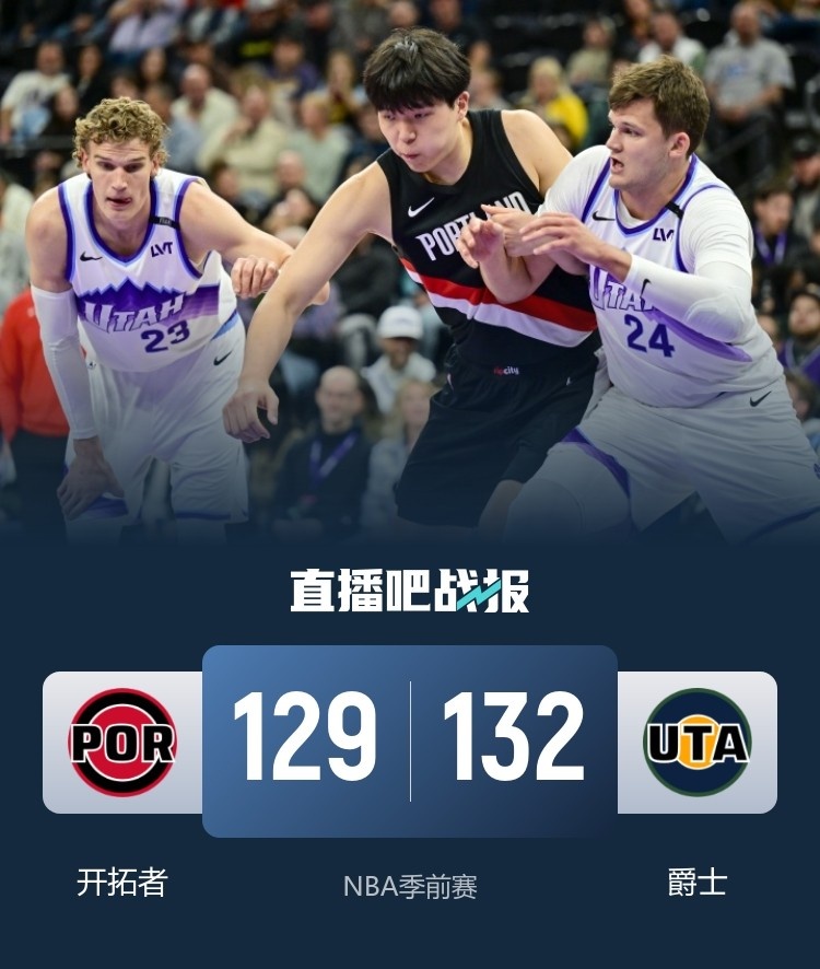 🏀季前赛-杨瀚森3分0板6犯 格兰特32+6 开拓者3人20+憾负爵士